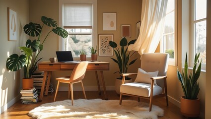  depicts a cozy home office with a wooden desk, a laptop, and a comfortable chair
