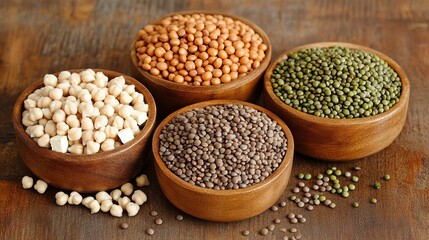 Plant-based protein sources like lentils, tofu, and chickpeas in bowls
