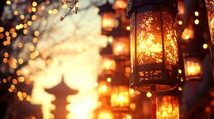 Ornate lanterns illuminate a serene Asian cityscape.
