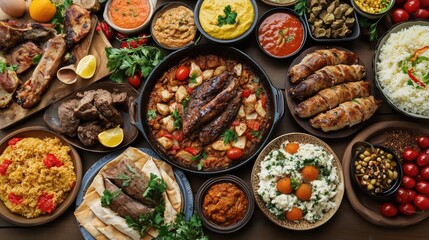 Fototapeta premium Diverse middle eastern feast with grilled meats, hummus, and fresh vegetables on wooden table