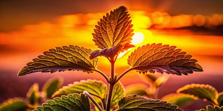 Fresh Herb in Golden Hour Glow: A close-up of a vibrant green herb plant's leaves, silhouetted against a breathtaking sunset, highlighting intricate leaf veins and the warm, golden light.