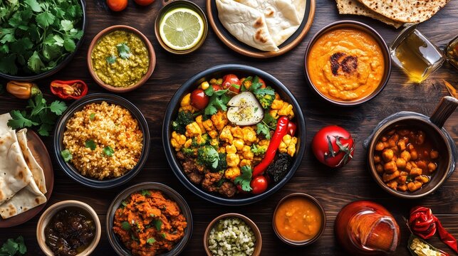 Vibrant indian cuisine spread with diverse dishes and ingredients on wooden table