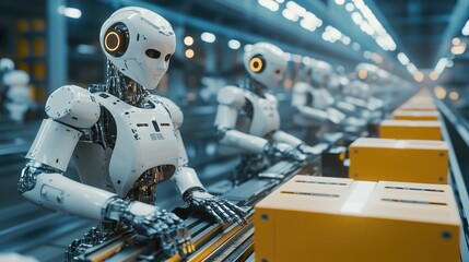 Fototapeta premium Factory robots assembling products in a high-tech industrial environment