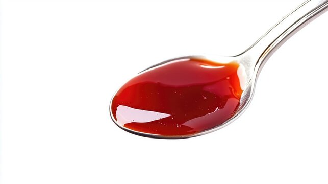 Silver spoon with red liquid on white background