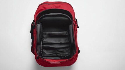 Fototapeta premium Red backpack open for travel hiking camping school college gear bag luggage accessories and storage equipment