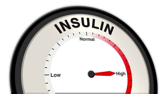 Insulin text or word shown with a barometer or tachometer-style gauge, representing varying levels of insulin production or activity and its role in blood sugar regulation and overall metabolic health