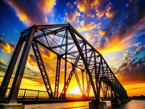 Truss Bridge at Sunset: An iconic steel truss bridge stands silhouetted against a dramatic sunset sky, its intricate structure highlighted by vibrant hues of orange, yellow, and red.