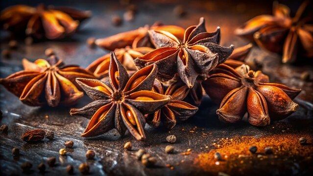 Aromatic Star Anise: A close-up of star anise pods, showcasing their intricate, woody structure and warm, brown hue, scattered across a textured surface.