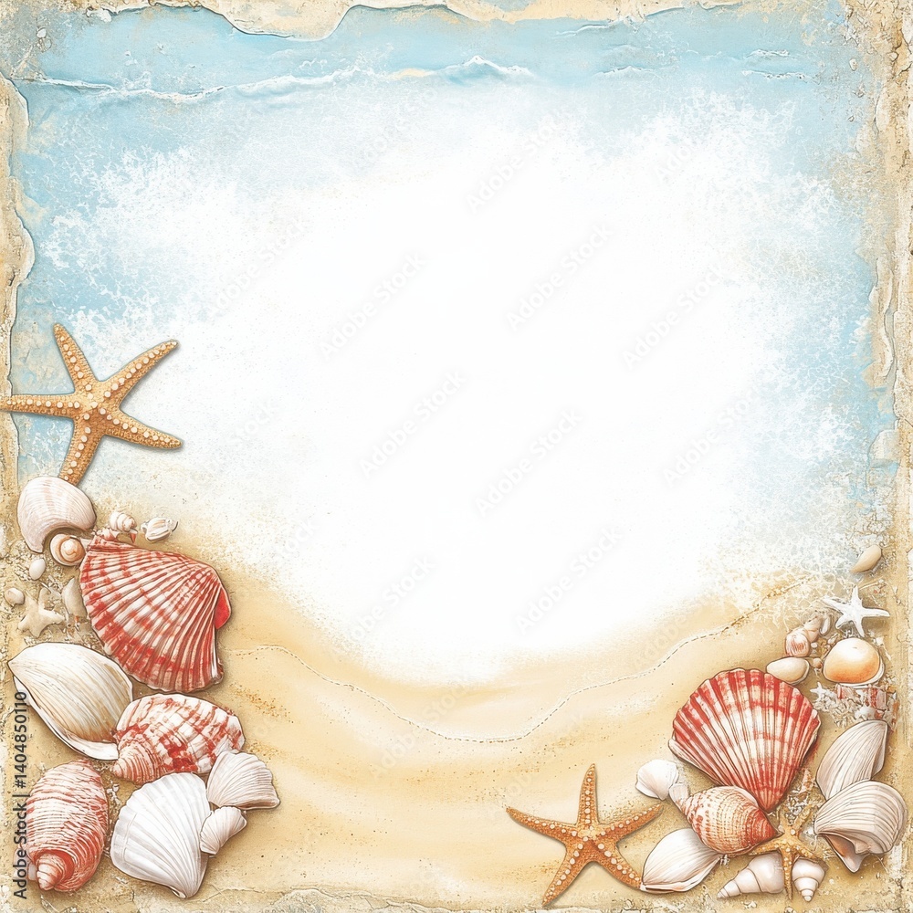 Poster illustration of a beach scene border with seashells, starfish, and sand, creating a decorative frame