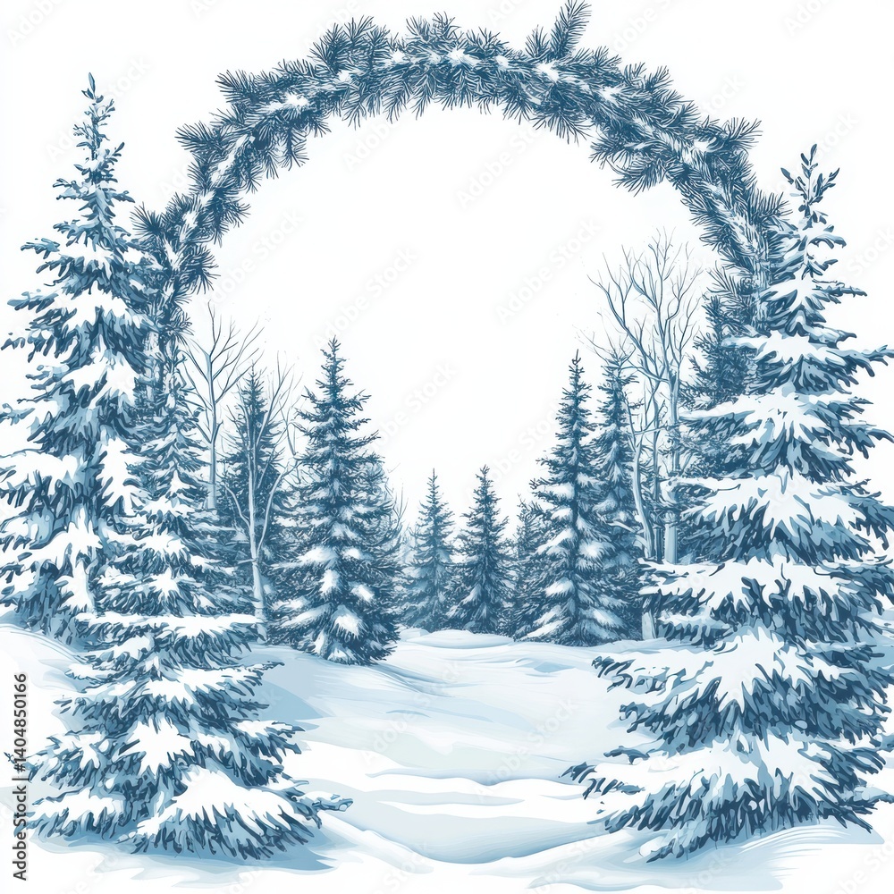 Poster snowy winter forest scene with evergreen trees and natural archway of branches