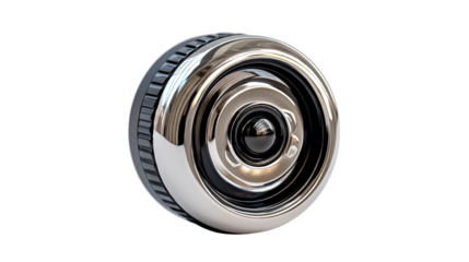 Chrome lens focus with black border and black lens: This image showcases a sleek, close-up view of a stylish, metallic chrome lens.