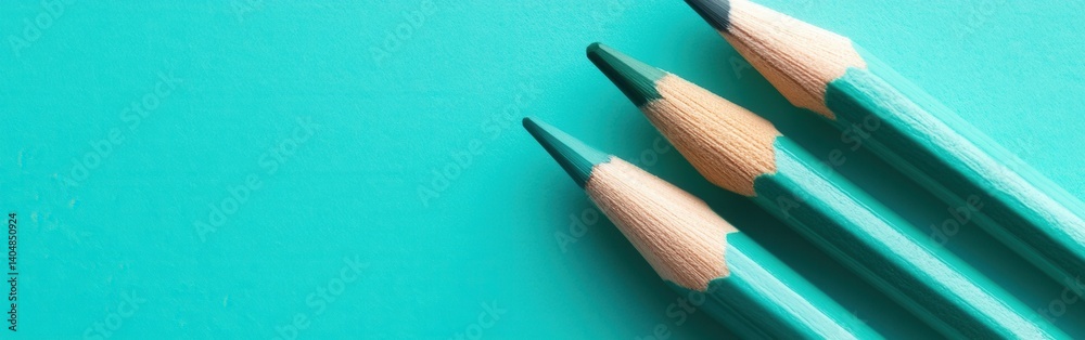 Poster Close-up of teal-colored pencils with sharpened tips on a solid matching teal background