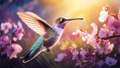 A hummingbird hovering near pink cherry blossoms in soft sunlight during the springtime season