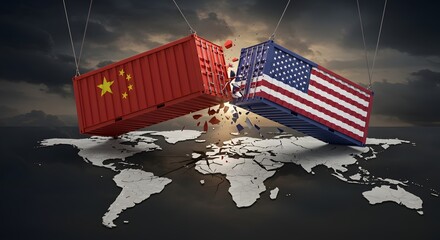 Global Trade War: Colliding Shipping Containers Fracture World Map