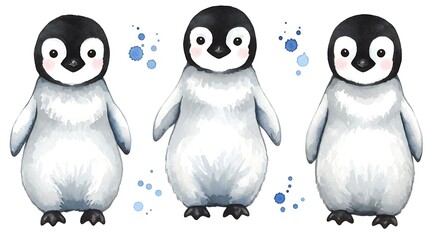 Fototapeta premium Watercolor Trio: A Penguin Portrait AI Generated