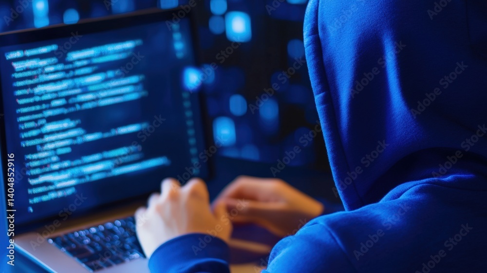 Poster a person in a hoodie types on a laptop, surrounded by a digital backdrop displaying code, symbolizin