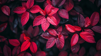 Red leaves with dark background in botanical contrast