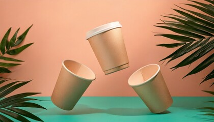 Three paper cups floating with palm leaves on a peach and teal background in a studio setting