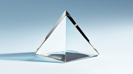 A clear glass pyramid with a triangular base and a pointed top.