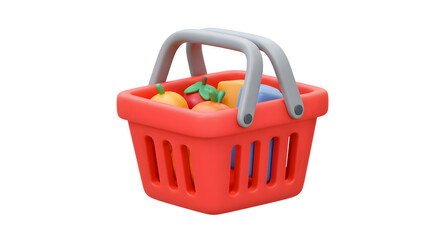 Fototapeta premium Red Shopping Basket 3D Render with Fruits and Groceries