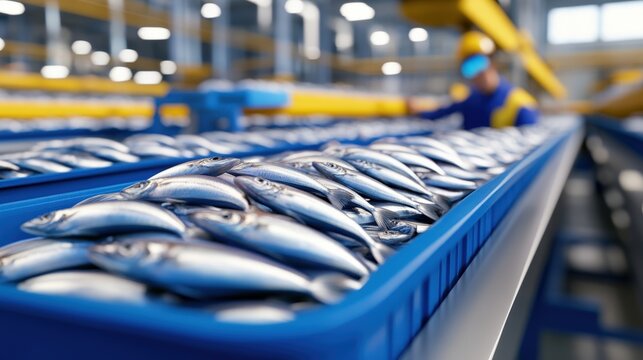 A close-up view of neatly arranged fish in a blue tray within a processing facility, highlighting the industrial aspect of seafood production.