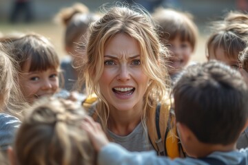 Fototapeta premium A side angle of the teacher looking exasperated as kids pull at her, one on each arm, demanding attention 