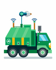 A robotic garbage truck equipped with sensors and cameras to optimize collection routes and minimize the environmental impact.. Vector illustration