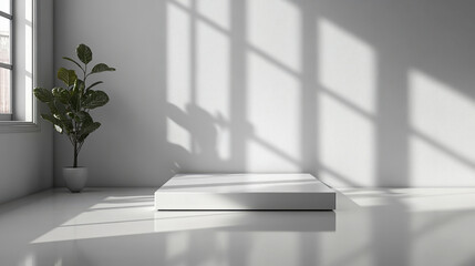Fototapeta premium Minimalist Interior With White Rectangular Platform and Potted Plant: Bright Natural Light From Large Window Casts Geometric Shadows on Floor and Walls.