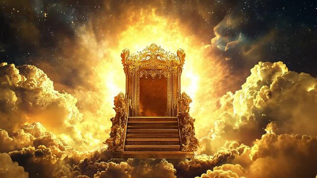 Majestic golden throne surrounded by radiant clouds and a glowing celestial backdrop
