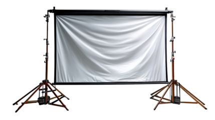 Presentation Screen: A pristine presentation screen awaits, suspended between sturdy tripods, ready for showcasing content. The screen's crisp surface is perfectly poised.