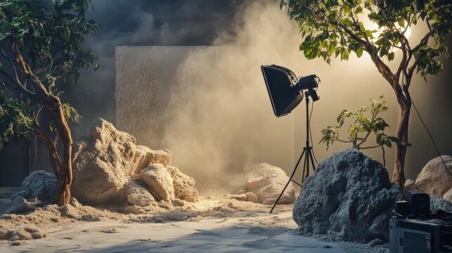 Studio photoshoot setup with sand and spotlight