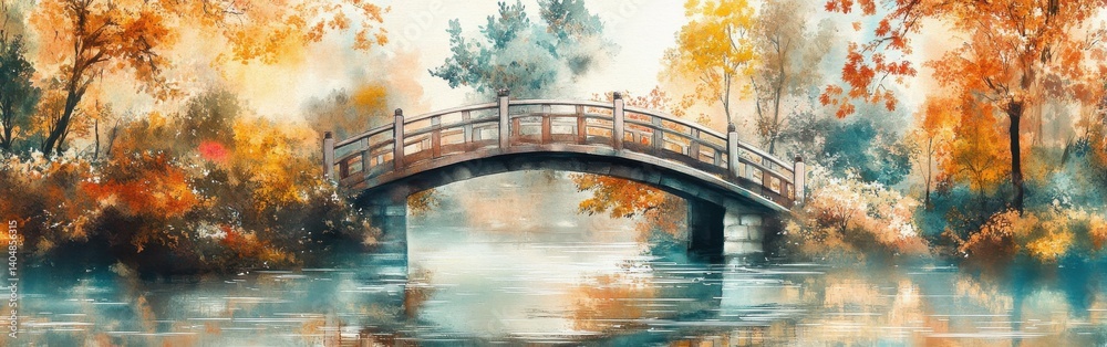 Poster Watercolor painting of an arched bridge over calm water with colorful autumn trees in the background in an impressionistic style