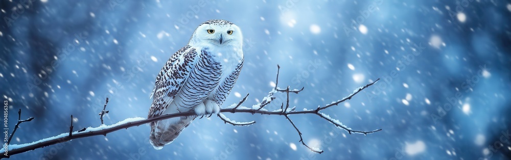 Poster snowy owl perched on a branch in a winter forest during a snowstorm with a blurred blue background
