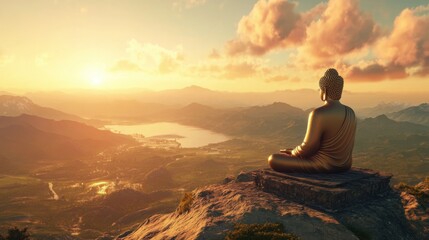 Golden Buddha statue on mountain peak with dramatic lighting and serenity