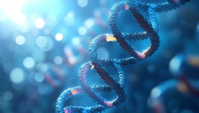 Detailed 3D rendering of a DNA double helix.  Complex molecular structure,  glowing with a light blue background,  visualizing the intricacies of genetic material