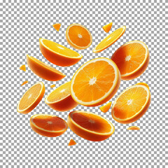 A floating slices of orange in various orientations, Fresh Orange Slices Floating with Juice on transparent background, png, psd
