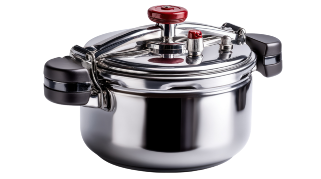 Stainless Steel Pressure Cooker: A gleaming stainless steel pressure cooker with a red knob and black handles, offering a modern and efficient solution for fast and healthy cooking.  