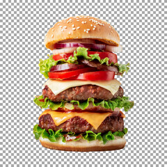 A very tall hamburger, Ultimate Burger Tower with Cheese, Lettuce, and Tomato on transparent background, png, psd
