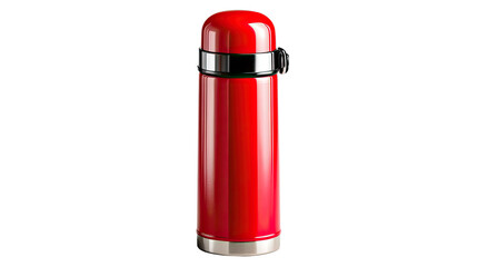 Obraz premium Sleek Red Thermos: A vibrant, close-up shot of a polished red thermos, symbolizing warmth and utility. It's a perfect visual for concepts like travel and adventure.