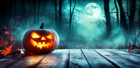 Spooky Halloween Jack-o'-lantern on Wooden Table in Dark Forest Night