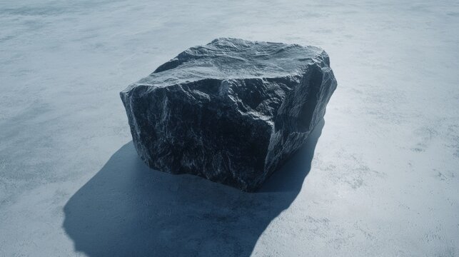 A large, dark gray rock sits on a light blue, textured surface.