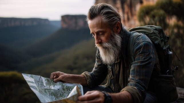 Contemplative older hiker reading map in mountain landscape - Powered by Adobe