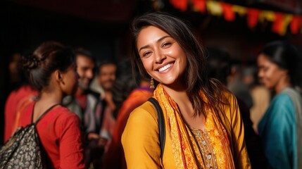 Naklejka premium Happy Indian young woman smiling at cultural celebration