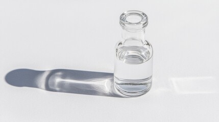 A small glass bottle with a clear liquid inside.