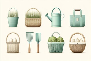A flat vector showing farming tools and produce with soft earthy tones