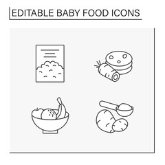 Bay food line icons set. Porridge, carrot pancakes, fruits and potato puree. Drinks and meals. Healthy menu concept. Isolated vector illustrations. Editable stroke