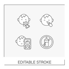 Baby line icons set. Baby products. Treatment, toys and present for kids. Childhood concepts. Isolated vector illustrations. Editable stroke