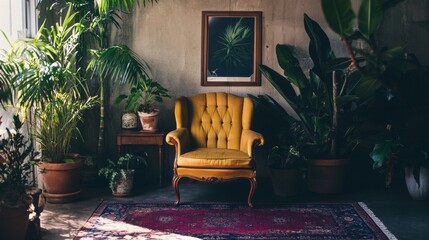 Indoor living space with yellow armchair and houseplants