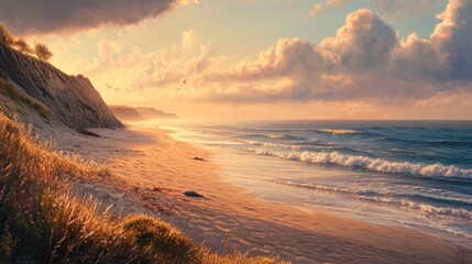 Idyllic coastal scene featuring cliffs, beach, and tranquil ocean waters