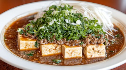 Stir-fried tofu with ground meat and scallions.